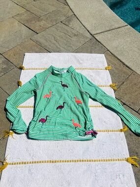 Mini Biden Kids Green Stripe Rash Guard Swim Top with Flamingo Print